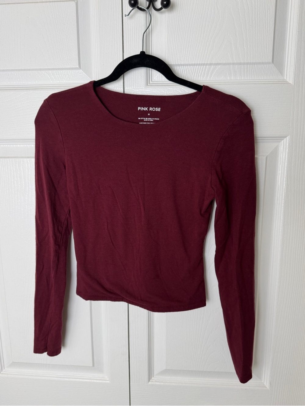 Pink Rose Long-Sleeve Crewneck Top in Wine